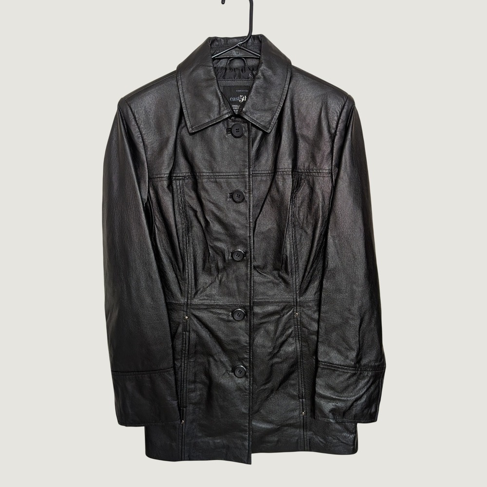 East 5th Womens Black Genuine Leather Button Front Mid Length Jacket Coat Small